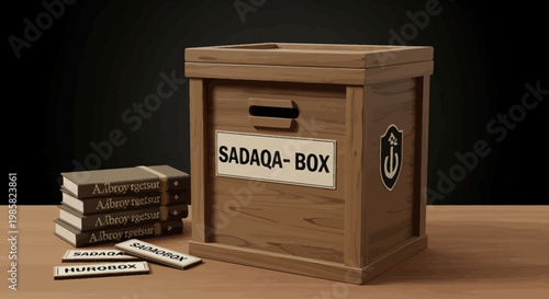 Conceptual illustration of a wooden Sadaqa box, a symbol of religious charity, philanthropic donations, and community support for those in need