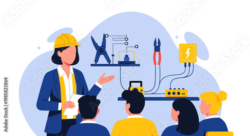 Female Electrical Engineer Explaining Wiring to Students in a Classroom.