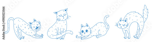 Four hand-drawn cats show different poses and expressions during a playful time. Each cat has a unique shape and style, showing fun movements and attitudes