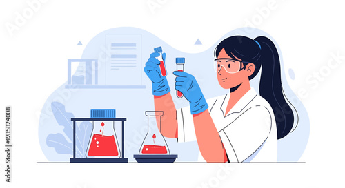 Female scientist conducting experiment with test tubes and beakers in laboratory.
