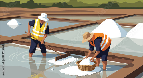 Two workers raking and gathering white salt mounds in shallow outdoor ponds