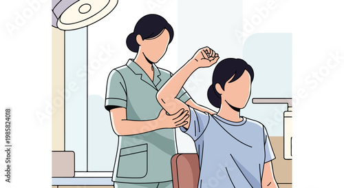 A physical therapist examines a patient's shoulder movement in a clinic setting