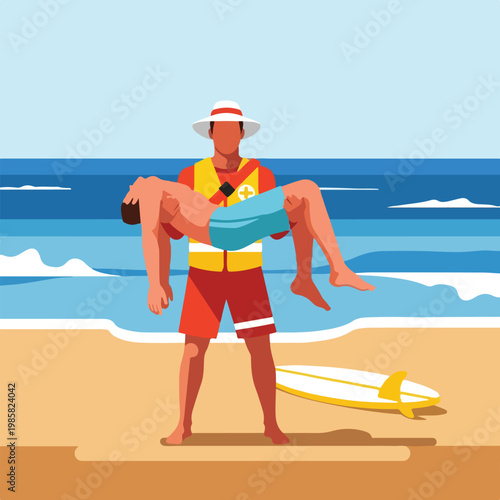 A lifeguard in uniform carrying an unconscious swimmer from the ocean to beach