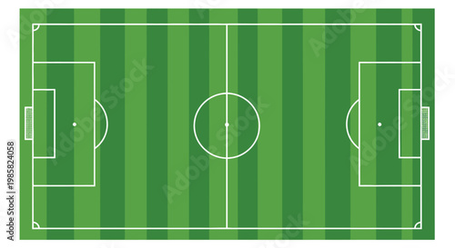 Aerial view of a green soccer field with white markings and goal areas