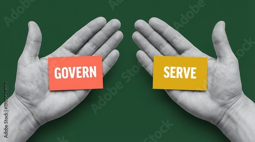 Two open hands presented facing each other each holding a colored card with a single word one saying GOVERN in orange and the other SERVE in yellow choice decision dilemma