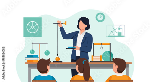 Female Teacher Demonstrating Physics Experiment to Students in Classroom.