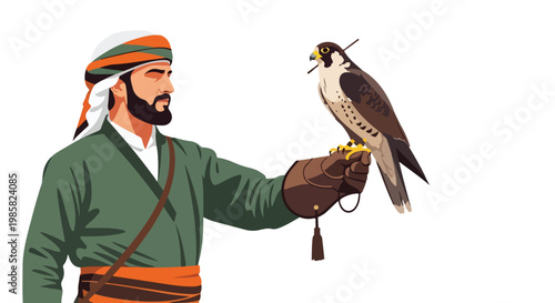 An Arab man in traditional clothing holding a falcon on a gloved hand