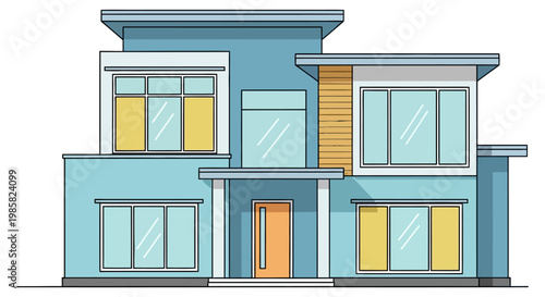 Modern blue house with white trim and yellow accents in colorful cartoon style for real estate marketing