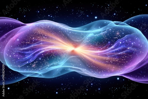 Abstract cosmic energy ribbon with glowing particles and nebula light burst across dark space