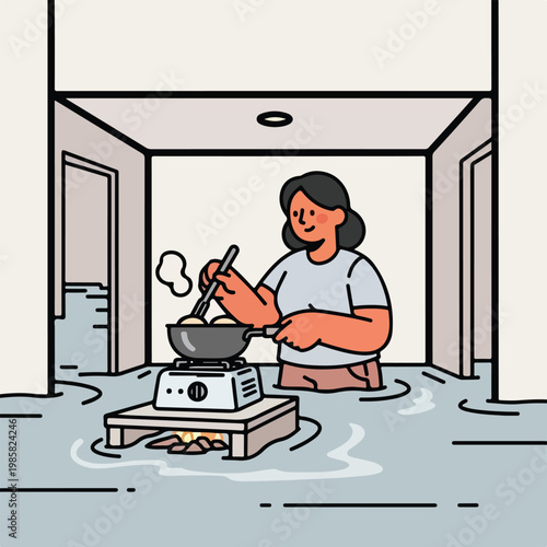 A woman cooks in a pan on a stove while standing in a flooded indoor living area