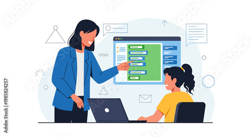 Female Teacher Guiding Student in Coding Lesson with Laptop.