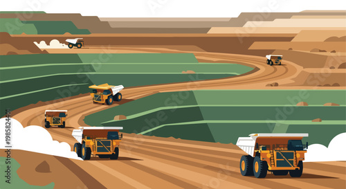 Large haul trucks driving through a deep tiered open-pit copper or coal mine