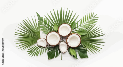 Tropical coconut, palm leaves, green foliage, natural elements, vector illustration