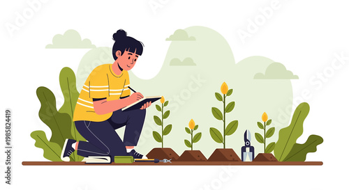 Focused Botanist Inspecting Growing Plants and Taking Detailed Notes.