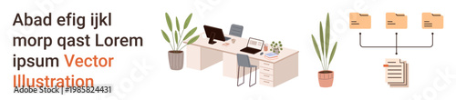 Office organization, remote work, digital business, workflow, document sharing, professional environment. Desk setup with computers, plants and document flow icons. Office organization and remote