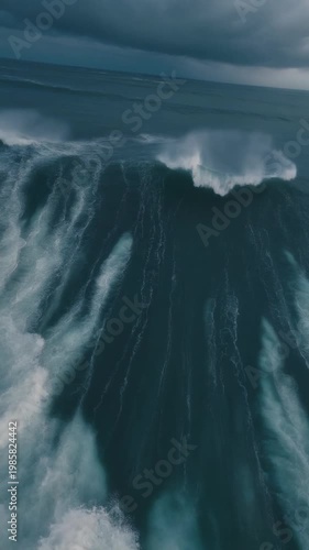 FPV drone flying low above powerful ocean waves during stormy conditions,