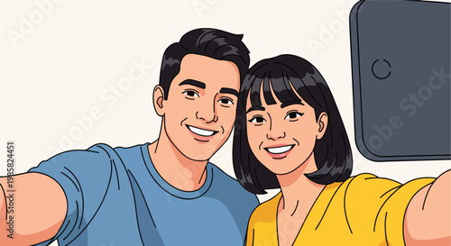 A young smiling man and woman taking a cheerful selfie with a mobile phone device
