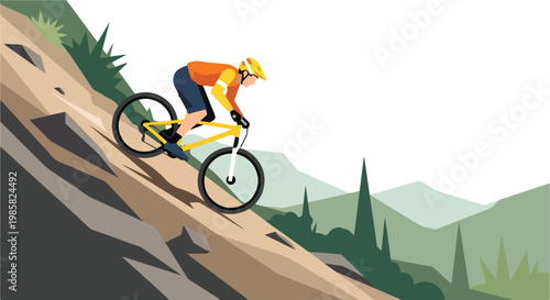 A person in a yellow helmet rides a mountain bike down a steep rocky hillside