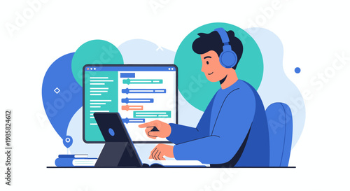 Focused programmer coding with laptop and monitor setup.