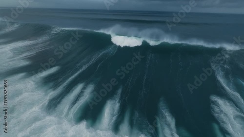 FPV drone flying low above powerful ocean waves during stormy conditions,
