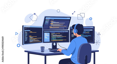 Focused Programmer Coding with Multiple Monitors and Headphones.