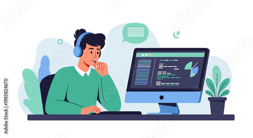 Focused Programmer with Headphones Working on Code at Computer.