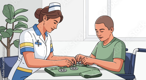 A nurse helps a child in a wheelchair practice buttoning a green shirt indoors