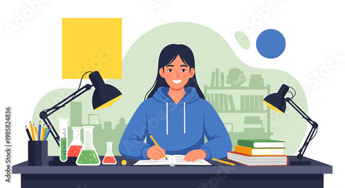 Focused Student Engaged in Studying and Writing at Desk.