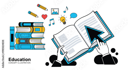 Stylized stack of books, person reading open book with a cursor arrow, and educational icons overlaying, modern design, suitable for online learning, promoting a library, and educational materials.