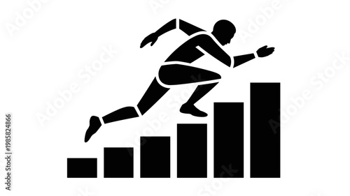 Bold human silhouette over ascending bar graph hurdle - for progress presentation imagery