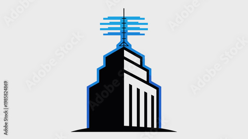 Flat vector skyscraper with glowing digital antenna top - for smart city visuals