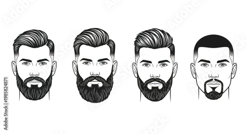 Four illustrations of men s hairstyles and beard styles in black and white