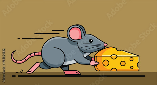 A vector illustration of a cartoon mouse running with a piece of yellow cheese