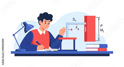 Focused Student Studying Physics with Diagram and Equations.