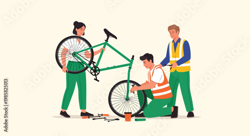 Three people in work vests repairing a green bicycle with tools on the ground