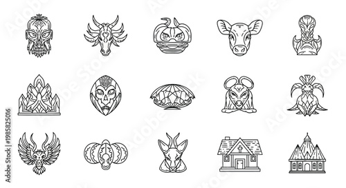 Collection of tribal masks animal heads and architectural structures