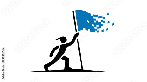 Minimalist climber and data flag at peak illustration - for challenge concept content