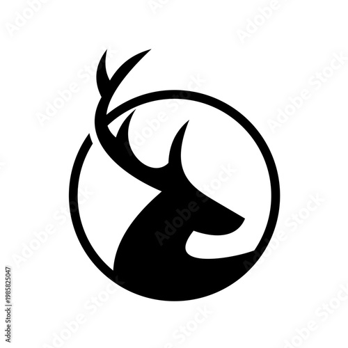 Minimalist Deer Head Silhouette Logo with Antlers in a Black Circle Design
