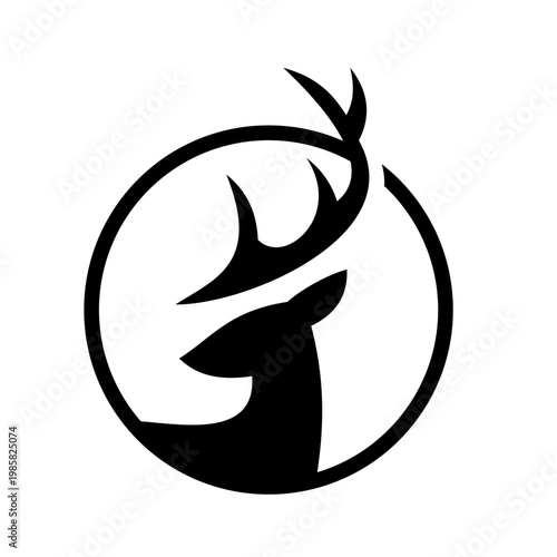 Minimalist Deer Head Silhouette Logo with Antlers in Black Circle