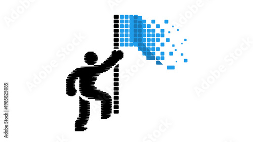 Geometric figure ascending toward pixel flag icon - for goal-setting campaigns