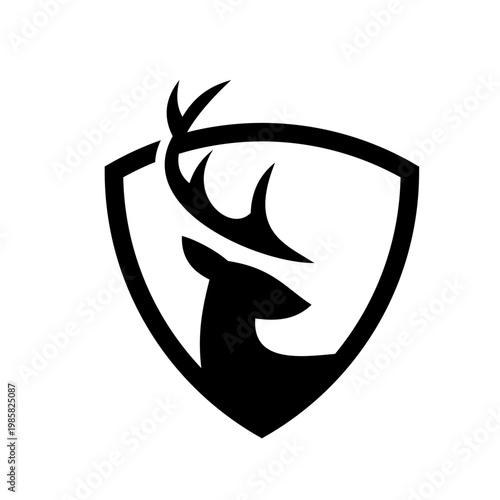 Minimalist Deer Head Shield Logo with Antlers in Black and White