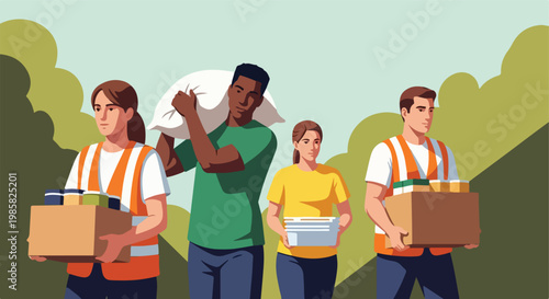 A diverse group of volunteers carry food boxes and supplies for charity work