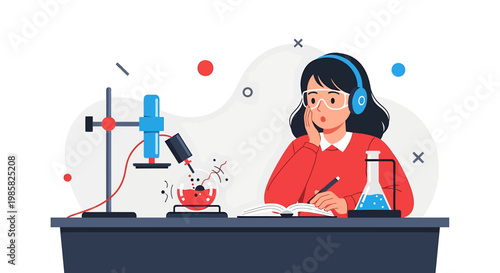 Girl in headphones studying science with microscope and flask.
