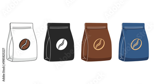 Four colorful coffee bean bags with circular logo designs