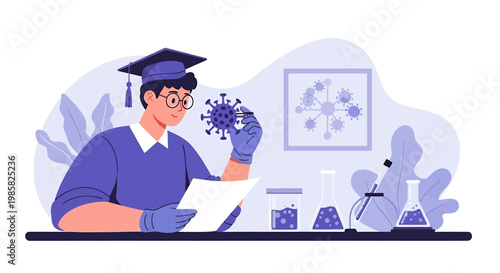 Graduate student in graduation cap studying virus structure.