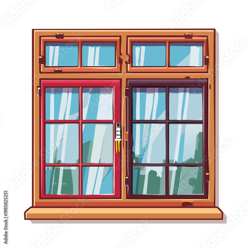 Cartoon window with wooden frame and glass panes real estate architecture building exterior residential decoration illustration interior multiple transparent reflective