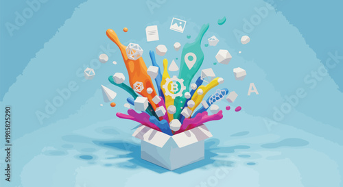 Vibrant and colorful 3D splash bursting from a white box with icons and geometric shapes, concept for innovative ideas, creative marketing, and business solutions.