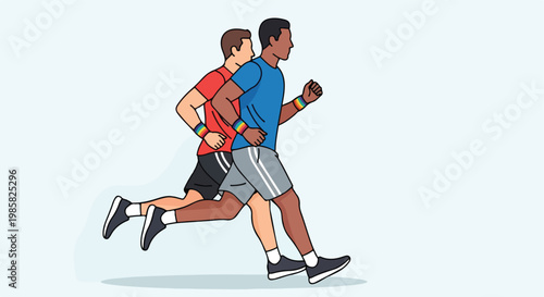 Two diverse men running side by side wearing rainbow pride wristbands illustration