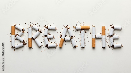 Broken cigarette pieces artfully arranged and scattered to spell out the word BREATHE in an anti smoking message tobacco spelling antismoking addiction health stop quit harmful