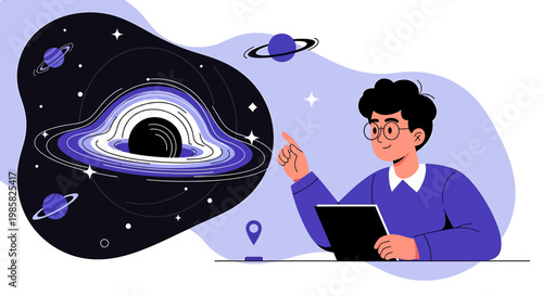 Illustration of a Man Explaining a Black Hole Concept.